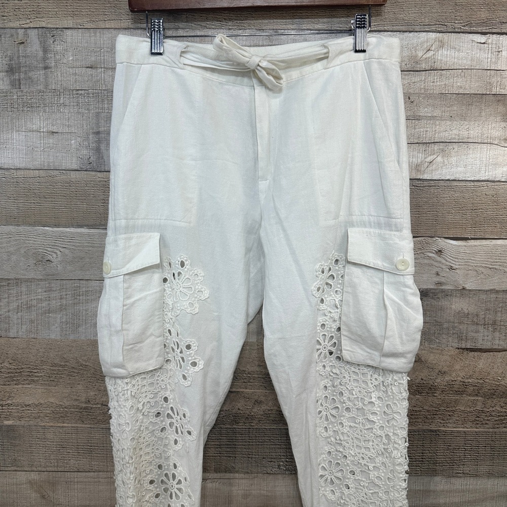 Sea New York White Linen Eyelet Lace Cargo‎ Pants Size 2 Floral Boho cottagecore